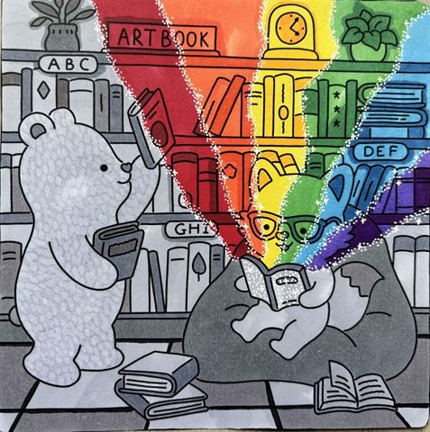 Coloriage cosy d'une bibliothèque avec une palette arc-en-ciel