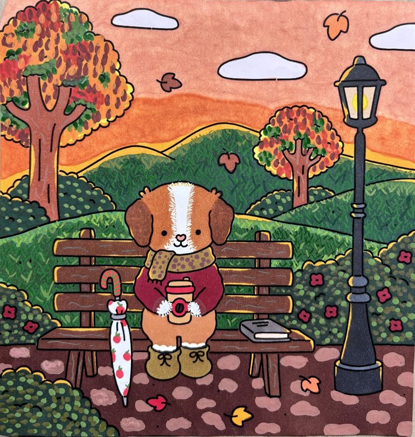 Coloriage cosy automne avec chien sur un banc et feuilles colorées