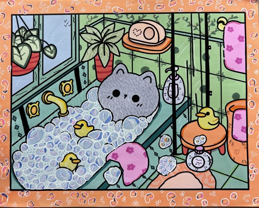 Coloriage cosy bulle de bain avec chat dans une baignoire