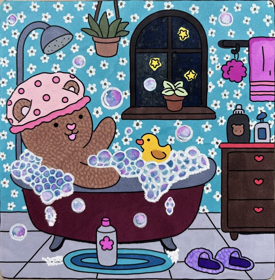 Coloriage cosy bain moussant avec ours, bulles et canard