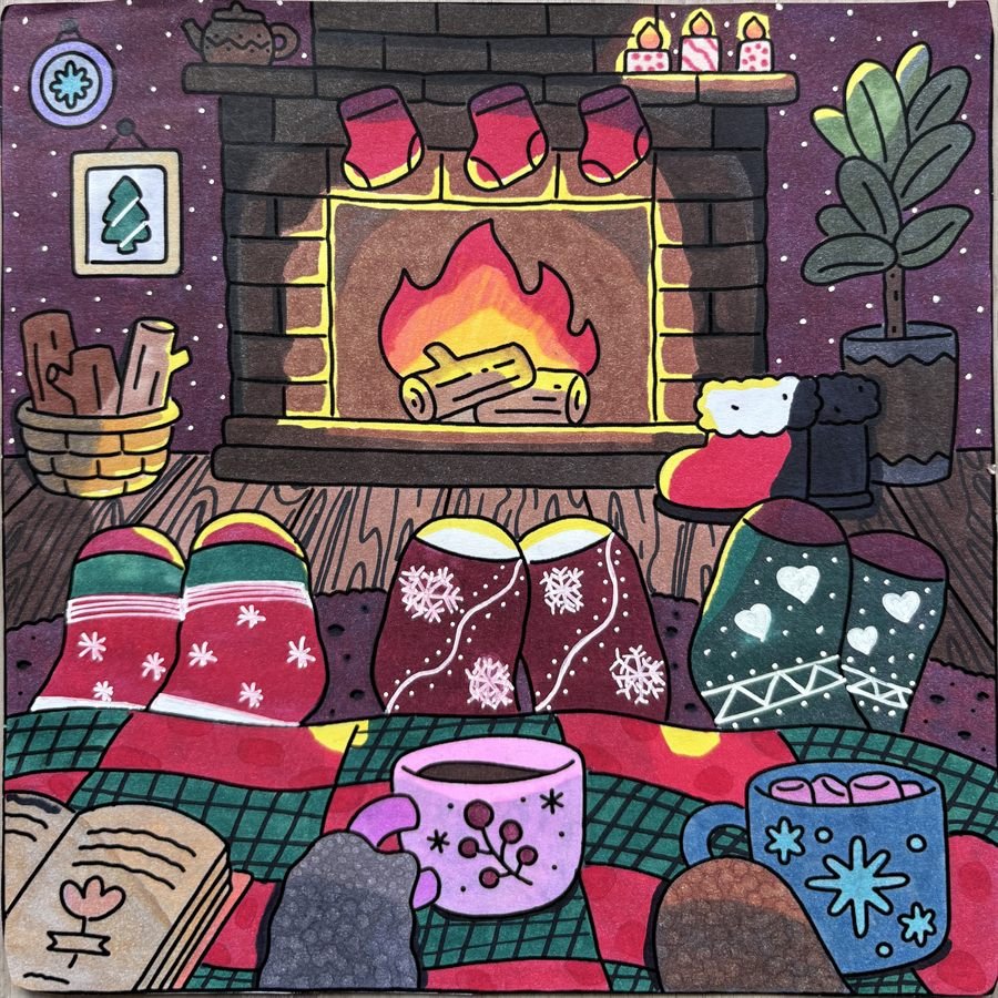 Coloriage cosy feu de cheminée avec chaussettes, plaid et boissons chaudes