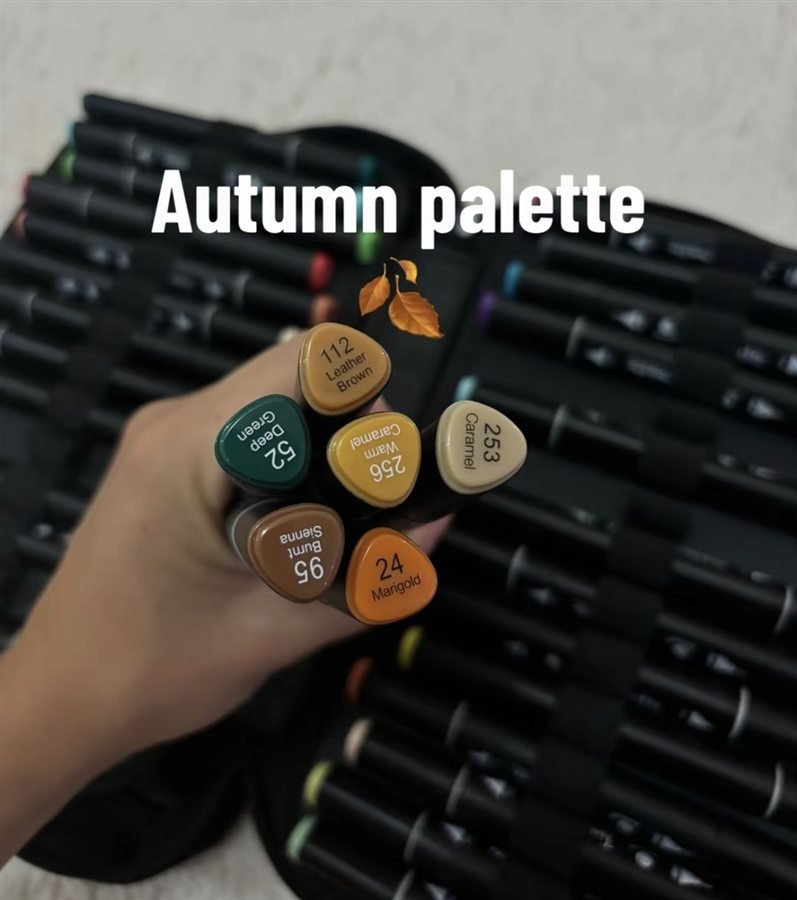 Palette automne cosy colo avec noms de feutres brun, vert, caramel et orange